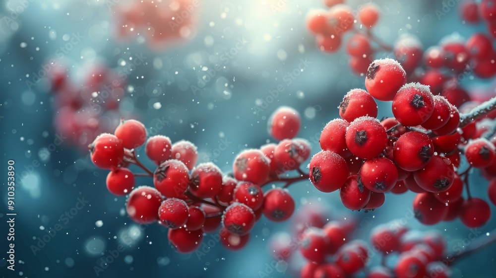 Bright red berries covered in snow during winter snowfall