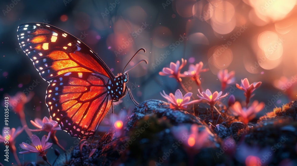 Glowing monarch butterfly perched on rock surrounded by flowers at sunset Glowing monarch butterfly perched on rock surrounded by flowers at sunset