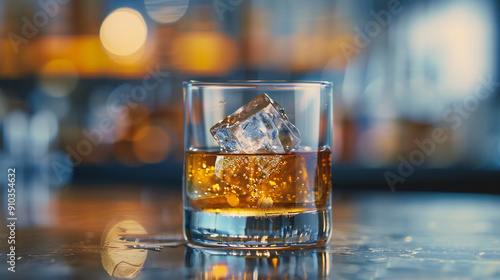 Elegant Whiskey on Ice at Sunset: A Luxurious Evening Drink with Crystal Clear Reflection and Amber Liquid in a Highball Glass Copyspace photo