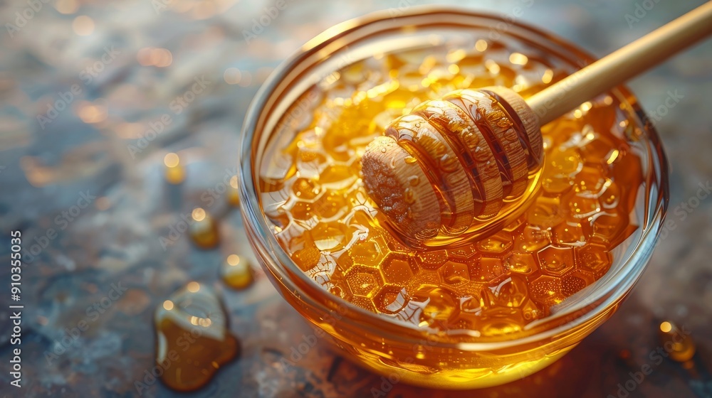 Golden honey dripping from honeycomb in glass bowl on table Golden honey dripping from honeycomb in glass bowl on table
