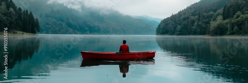 A man in a red canoe sits on a lake. The water is calm and the sky is cloudy photo