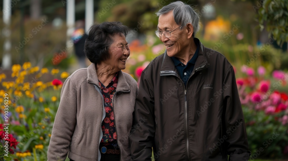 An elderly couple joyfully strolls hand in hand through a vibrant flower garden filled with blooming colors An elderly couple joyfully strolls hand in hand through a vibrant flower garden filled with blooming colors