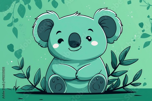 Cute Cartoon Koala Sitting in the Green Forest photo