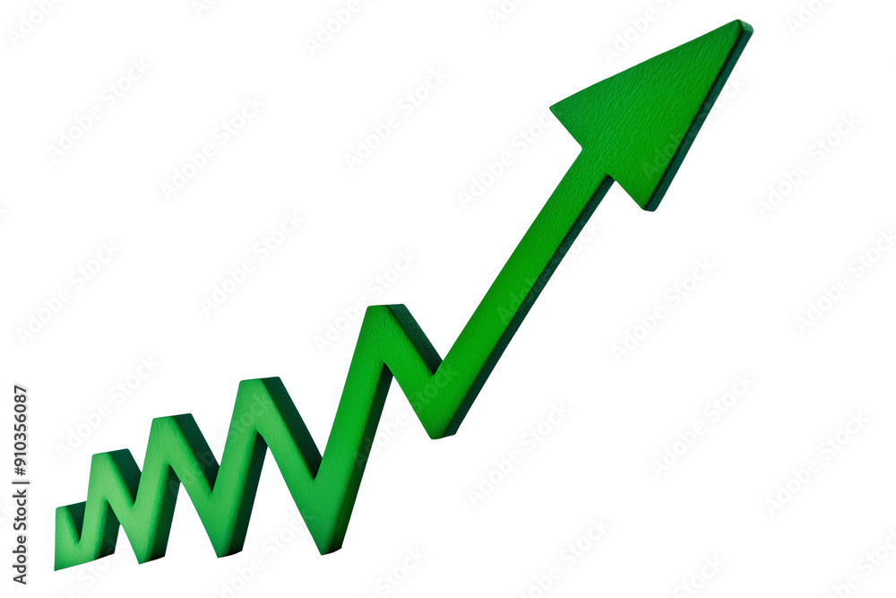 Green upward trending arrow on transparent background, cut out Green upward trending arrow on transparent background, cut out