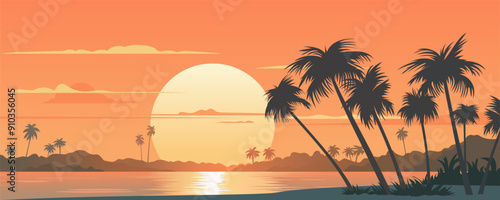 Sunset on a paradise beach. Evening sunset of a huge sun on a beautiful tropical ocean beach. Rest and relaxation concept. Warm evening on the sea sandy beach.
