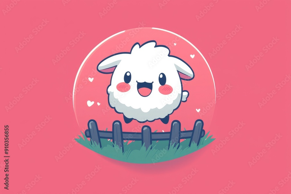 Cute Cartoon Sheep Jumping Over Fence with Hearts Cute Cartoon Sheep Jumping Over Fence with Hearts
