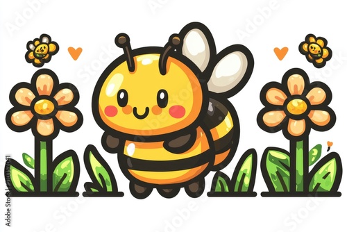 Cute Cartoon Honeybee in a Flower Garden