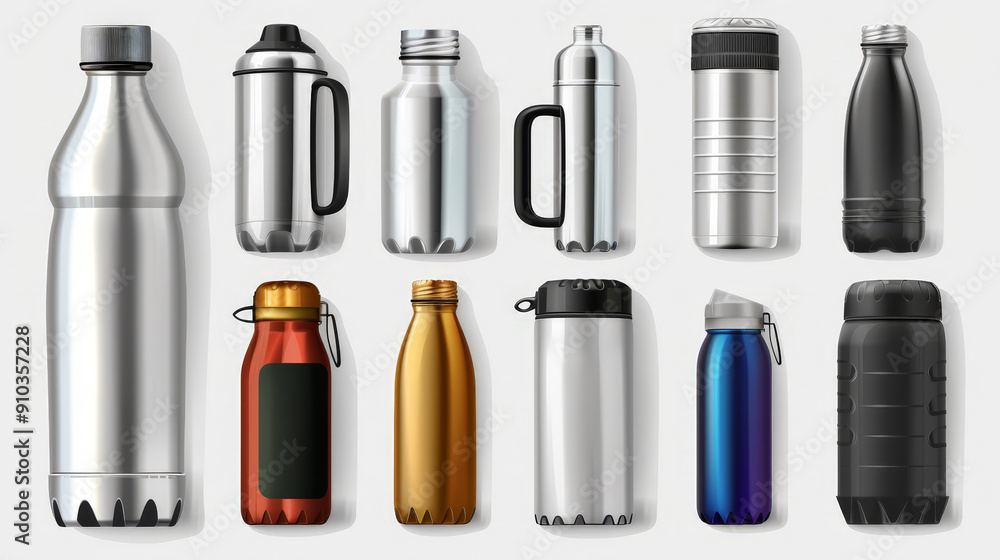 set of modern thermo bottles isolated set of modern thermo bottles isolated