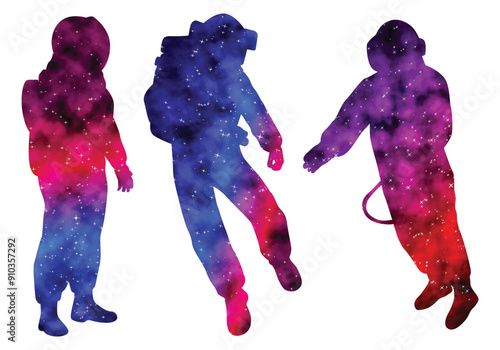 Colorful watercolor Astronaut Silhouette in spacesuits