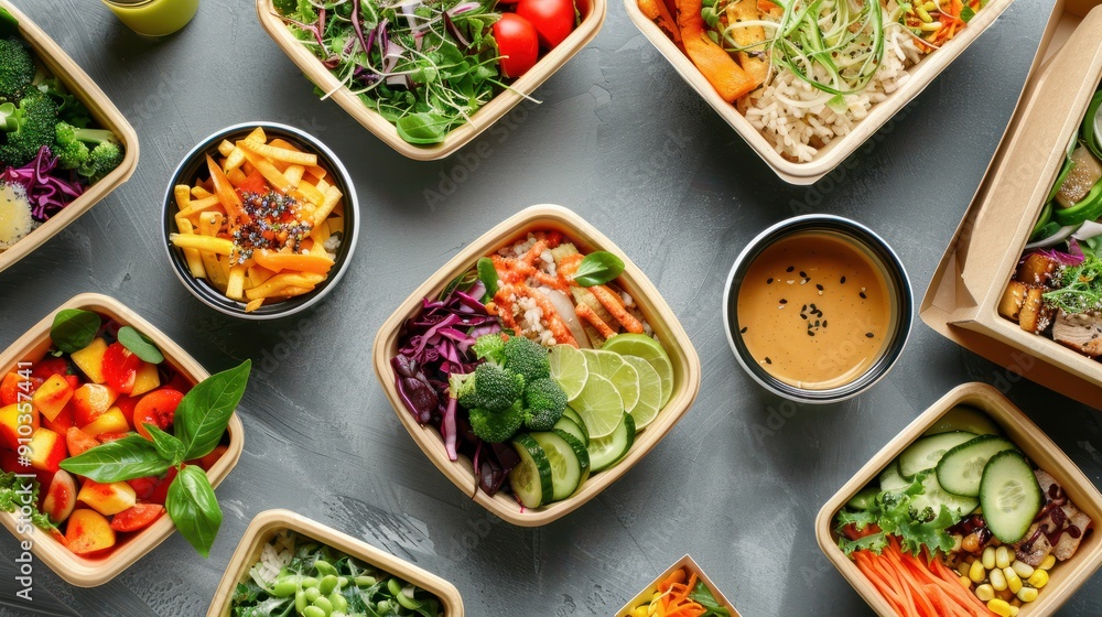 Disposable Eco friendly Paper Containers With Healthy Takeout Food And disposable-eco-friendly-paper-containers-with-healthy-takeout-food-and