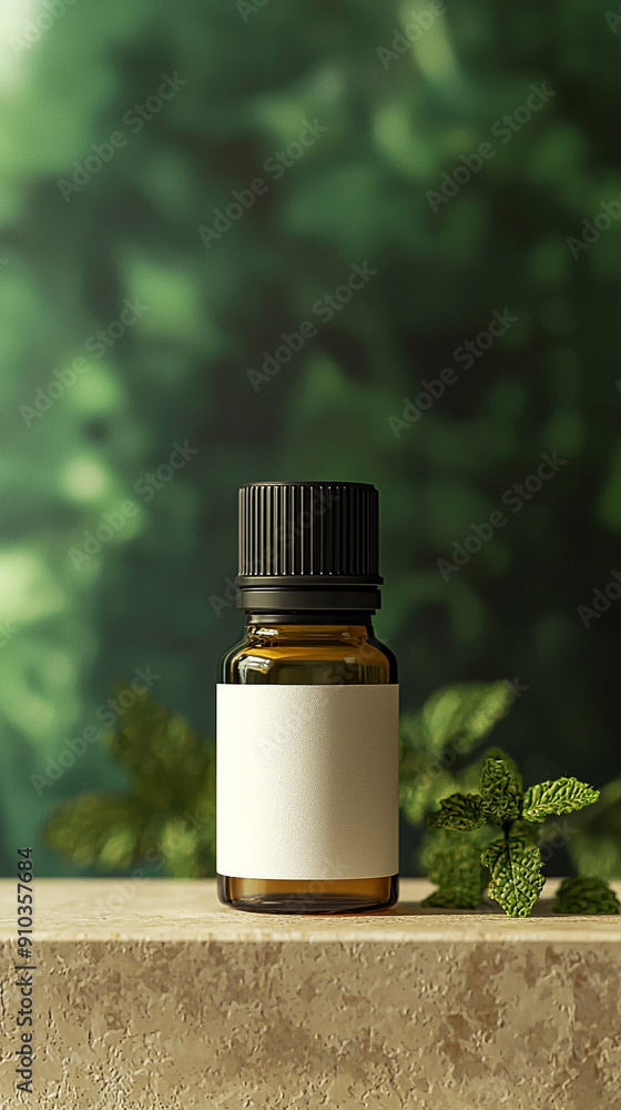 Essential oil bottles in nature style with dark green forest background Essential oil bottles in nature style with dark green forest background