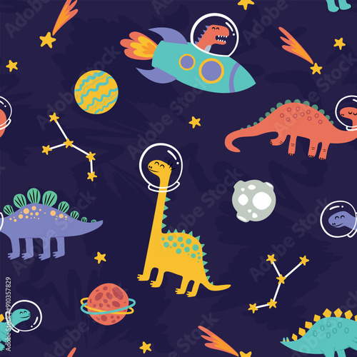 Dinosaurs in the space seamless pattern. Cute colorful cartoon, Dinos around planers and stars in flat style.