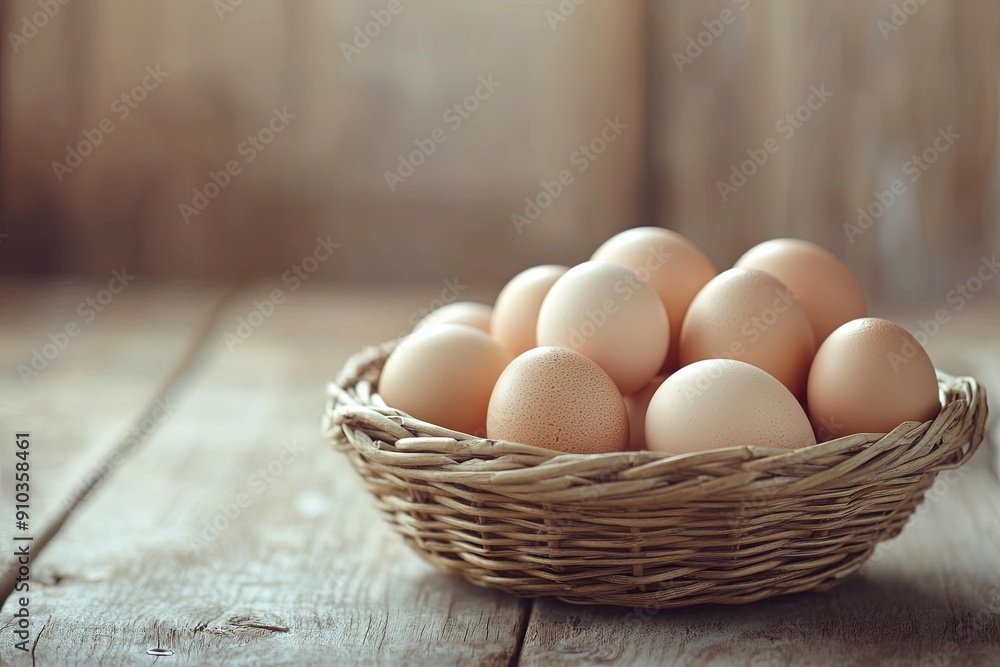 Fresh brown eggs gathered in a rustic woven basket on a wooden table Fresh brown eggs gathered in a rustic woven basket on a wooden table