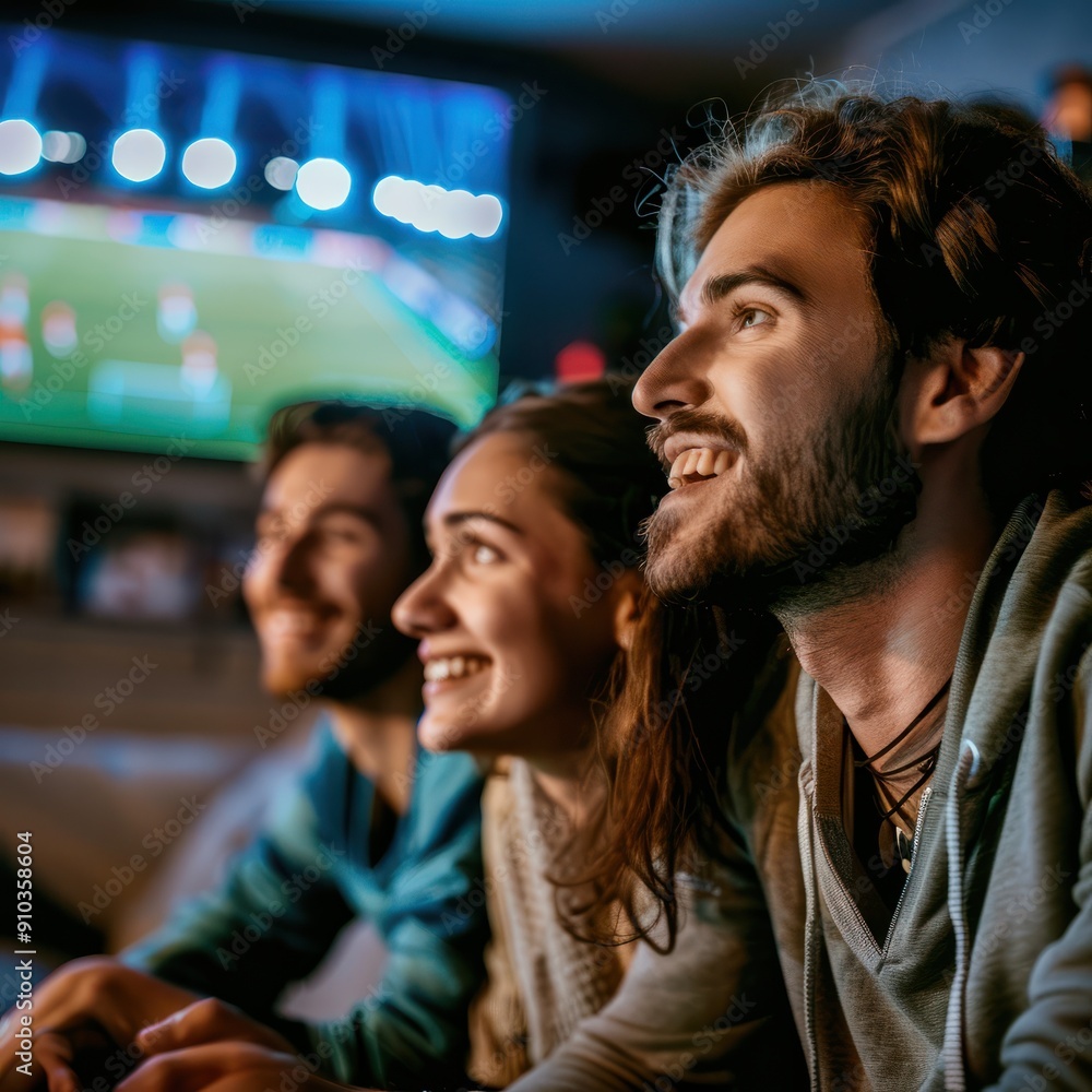 friends looking a soccer game together on the tv screen Job ID: 20975ebd-3d9d-48af-98fd-14d469404b29 friends looking a soccer game together on the tv screen Job ID: 20975ebd-3d9d-48af-98fd-14d469404b29