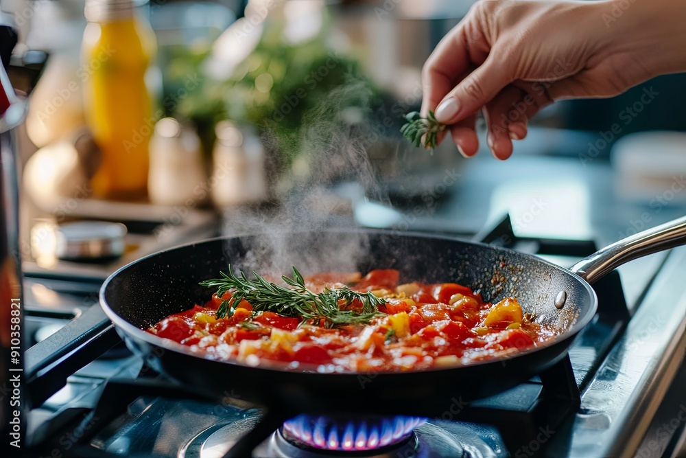 Cooking colorful vegetable medley with herbs on a stove in a bright kitchen Cooking colorful vegetable medley with herbs on a stove in a bright kitchen