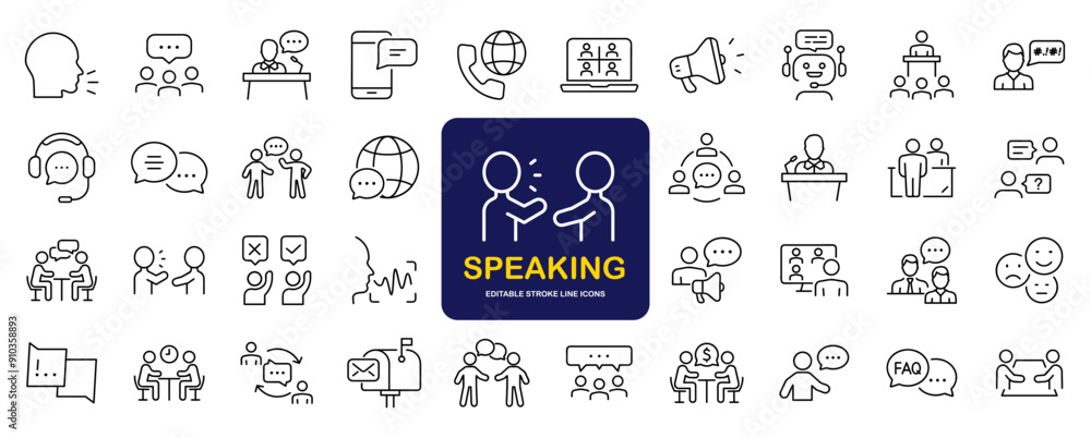 © SMUX - Speaking set of web icons in line style. Communication icons for web and mobile app. Containing people, communication, talking, discussion, speech bubble, team, support and more