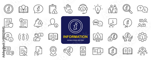 Information set of web icons in line style. Info and Help Desk icons for web and mobile app. Containing user manual, instruction, guidebook, reference, information support, assistant, customer help