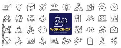 Workshop set of web icons in line style. Business Workshop icons for web and mobile app. Containing team building, teamwork, coaching, meeting, managing, coaching, motivation and more