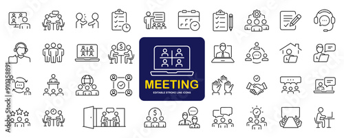 Meeting set of web icons in line style. Live webinar icons for web and mobile app. Containing conference, business meeting, classroom, team, interview, conference, work, discussion and more