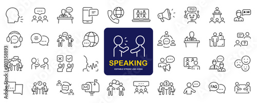 Speaking set of web icons in line style. Communication icons for web and mobile app. Containing people, communication, talking, discussion, speech bubble, team, support and more
