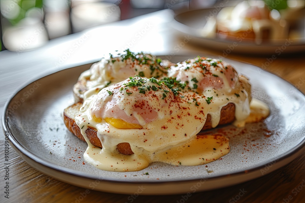Delicious eggs benedict served on toast with herbs and spices during brunch at a cozy café Delicious eggs benedict served on toast with herbs and spices during brunch at a cozy café