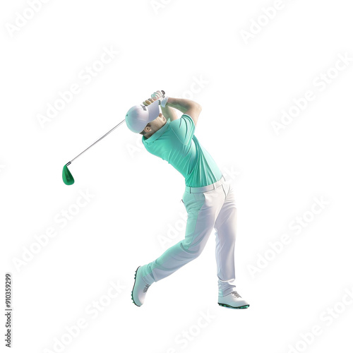 A golfer in a turquoise shirt swings a golf club. He is mid-swing and his body is contorted in a dynamic pose.