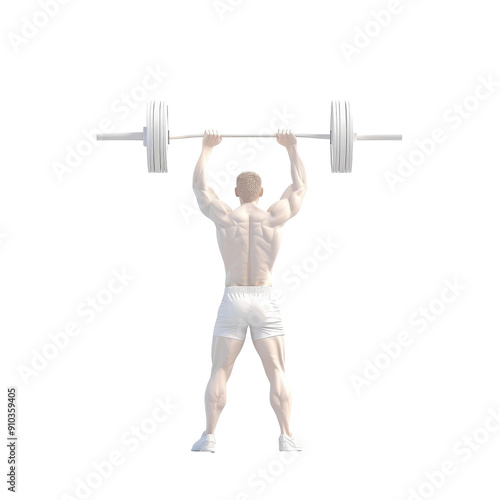 A muscular man lifting a barbell overhead. He is in the middle of a weightlifting exercise. He is wearing white shorts.