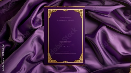 A royal-themed wedding invitation card mockup with elegant gold trim and velvet textures, presented on a luxurious silk fabric background in a regal purple hue.