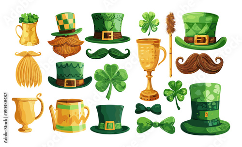 St patrick day cartoon vector set. Clover hat mustache pot green leprechaun celebration shamrock lucky beer gold boot bow barrel mug festive icons isolated on white background