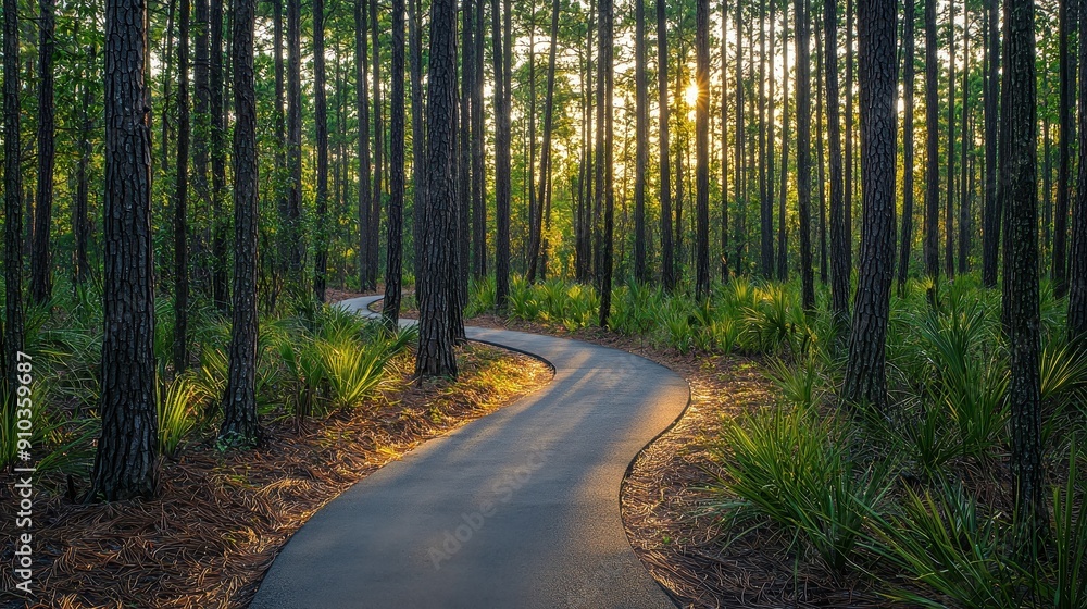 Fototapeta premium A winding path through a lush, sunlit forest with tall trees and vibrant greenery, creating a serene and inviting atmosphere.