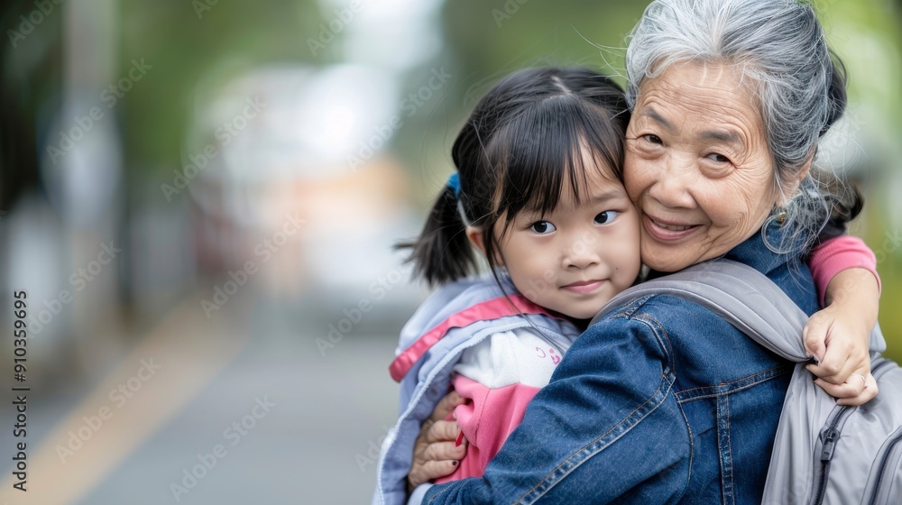 A grandmother holds her granddaughter close, both smiling joyfully in a bustling urban park A grandmother holds her granddaughter close, both smiling joyfully in a bustling urban park