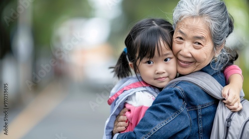 A grandmother holds her granddaughter close, both smiling joyfully in a bustling urban park