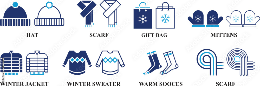 Winter season warm cloths icon set isolated on white background. Editable colorful Icons of Cool Weather in fill and line style. Winter season warm cloths icon set isolated on white background. Editable colorful Icons of Cool Weather in fill and line style.