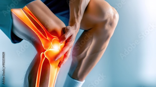 Knee Pain Anatomy: A close-up image of a man holding his knee in pain, with a highlighted anatomical illustration showing the affected area