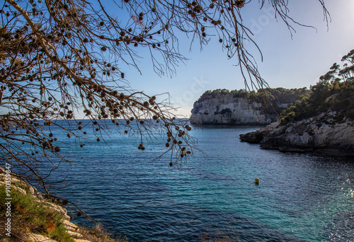 Cala Galdana Bay is a wide bay of turquoise waters surrounded by high cliffs and lush pine trees. Menorca, Spain photo