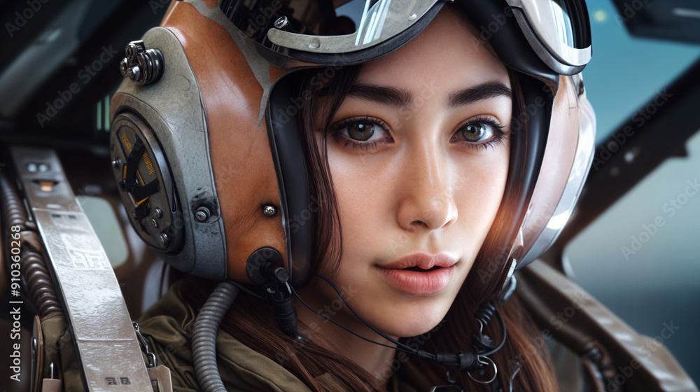 Asian female pilot in cockpit, close-up portrait showing determination and focus, wearing advanced flight helmet with communication gear, embodying women in aviation and technological progress Asian female pilot in cockpit, close-up portrait showing determination and focus, wearing advanced flight helmet with communication gear, embodying women in aviation and technological progress