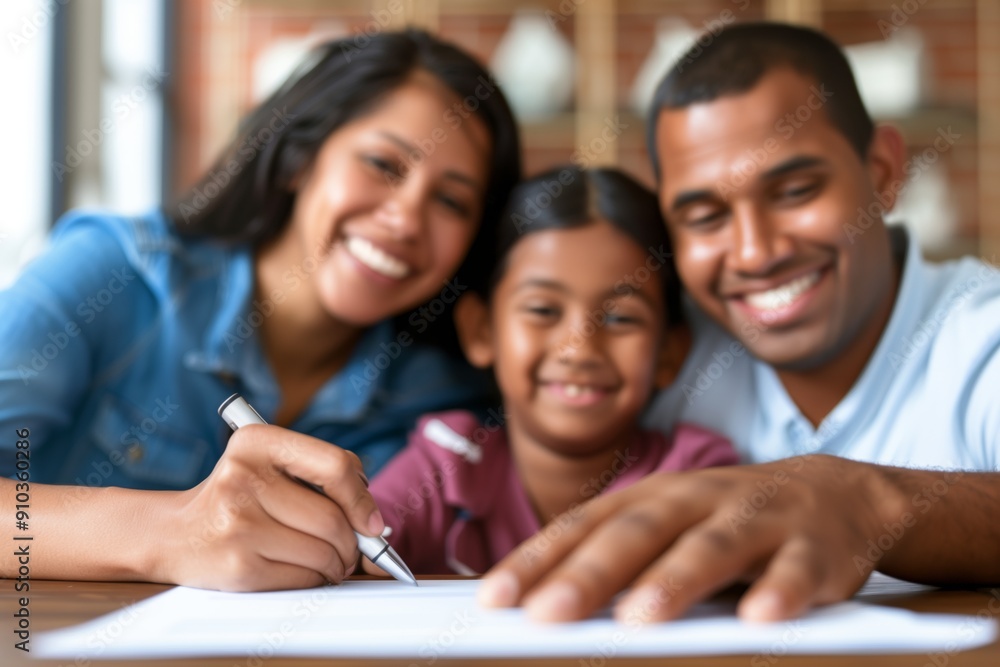 Ethnic Indian family, consisting of a mother, father and daughter signing important documents together. Ethnic Indian family, consisting of a mother, father and daughter signing important documents together.
