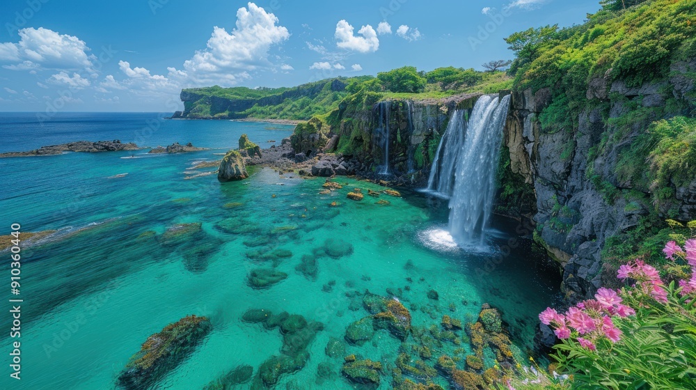 Waterfall cascading into a turquoise ocean Waterfall cascading into a turquoise ocean