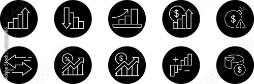 Line icons about increase and decrease. Contains such icons as stock market, profit, launch and more. Editable vector stroke. Thin line isolated on black background. Vector illustration.