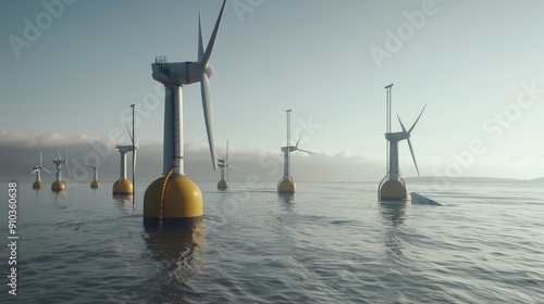 A series of tidal turbines in the ocean at low tide, showcasing the technology used to harness the power of ocean currents for energy production. The coastline is visible in the distance. photo