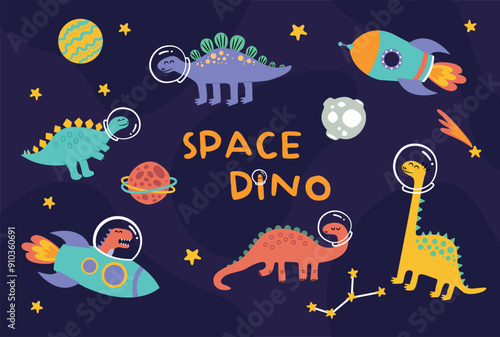 Dino space vector collection. Cute dinosaur characters with spaceship, planets, stars.