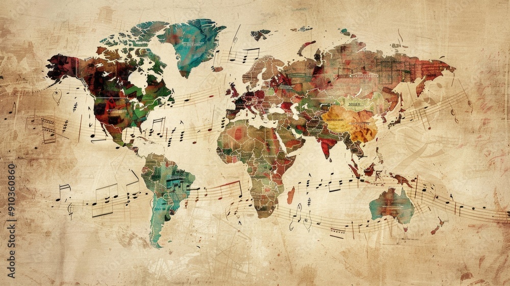 Fototapeta premium A world map with musical notes and symbols overlaying different countries, representing the diversity of global music
