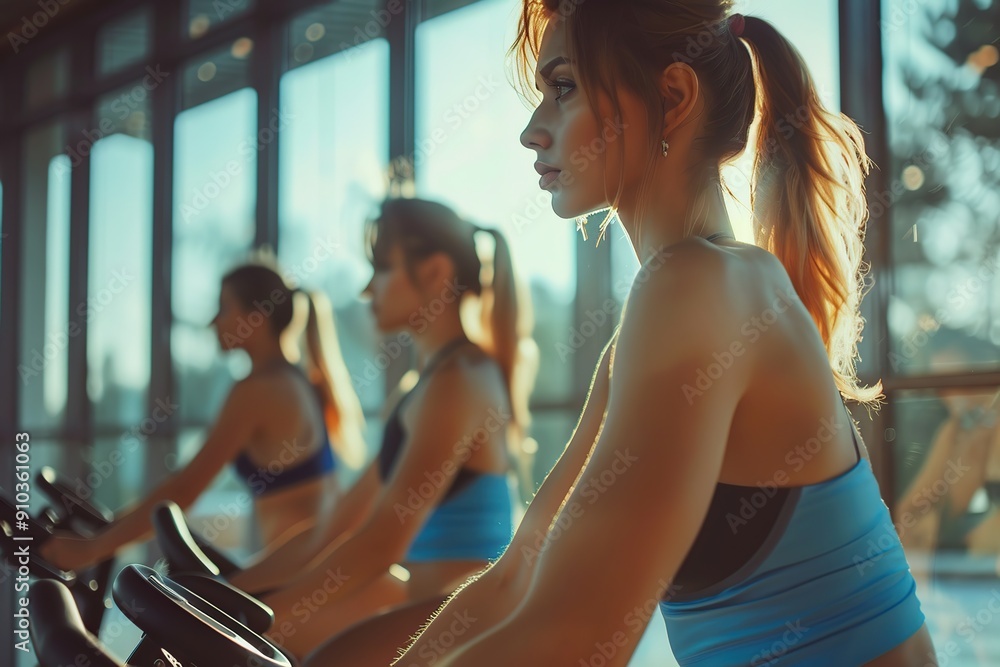 Young women riding spinning bikes in modern fitness club Young women riding spinning bikes in modern fitness club