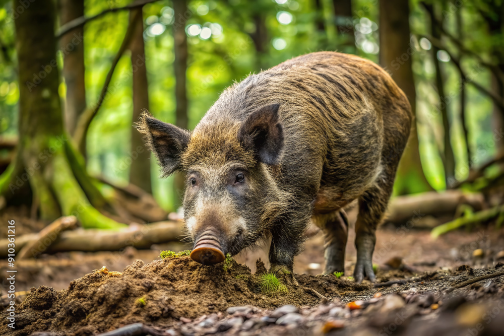 A feral pig, with muddy fur, energetically digs into the earthy forest floor with its snout, uncovering hidden roots and tubers to sate its hunger. A feral pig, with muddy fur, energetically digs into the earthy forest floor with its snout, uncovering hidden roots and tubers to sate its hunger.