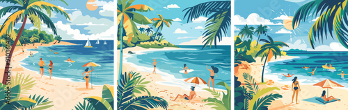 Sunny coast cartoon vector scenes. Palms sand sunbathing tourists yachts beach sea ocean seaside water holiday exotic shoreline summer concepts