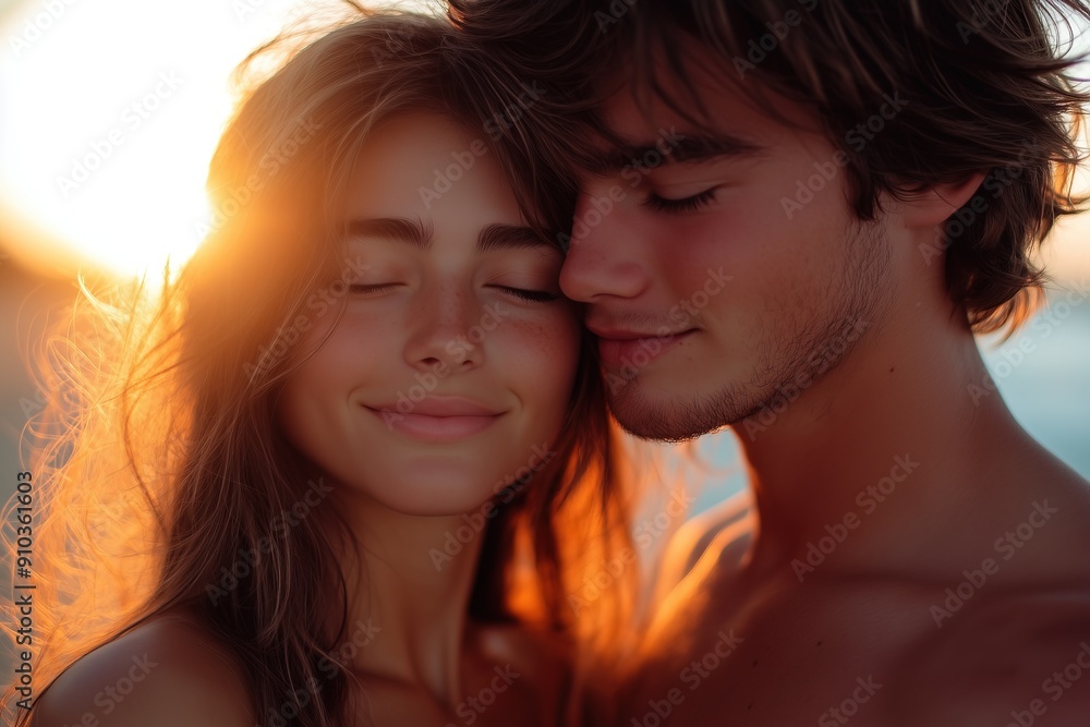 Happy couple embracing at sunset on the beach Happy couple embracing at sunset on the beach