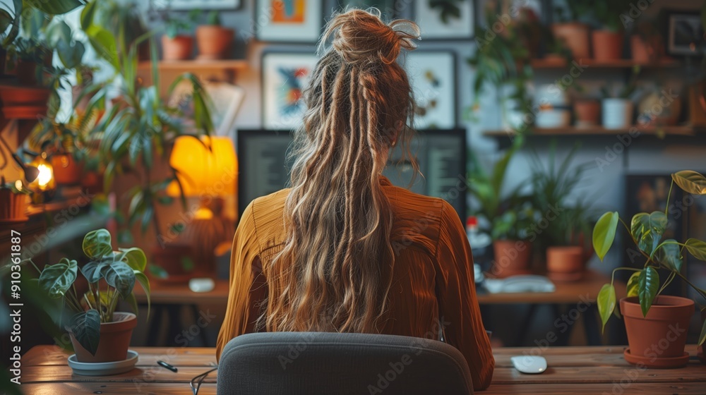Creative Individual Working in a Cozy Indoor Garden Home Office at Dusk Creative Individual Working in a Cozy Indoor Garden Home Office at Dusk