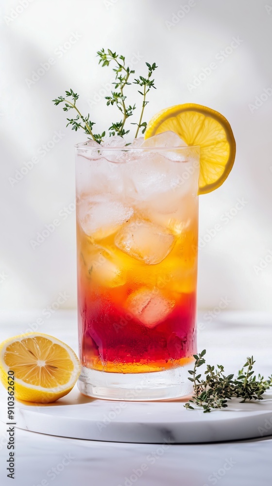 A cooling iced tea with fresh lemon and thyme, featuring vibrant colors and garnished with a lemon slice. A cooling iced tea with fresh lemon and thyme, featuring vibrant colors and garnished with a lemon slice.