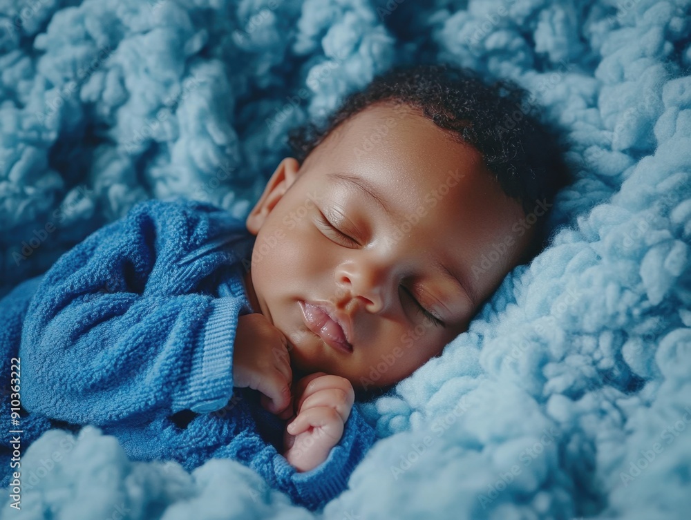 A baby sleeps peacefully with eyes closed on a blue blanket, ideal for use in family or parenting content A baby sleeps peacefully with eyes closed on a blue blanket, ideal for use in family or parenting content