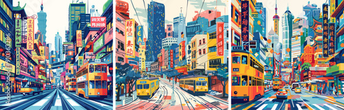 Tokyo urban cityscape cartoon vector concepts. City tram car neon lights signs skyscrapers streets buildings skyline highrise metropolitan modern bustling lively illustrations